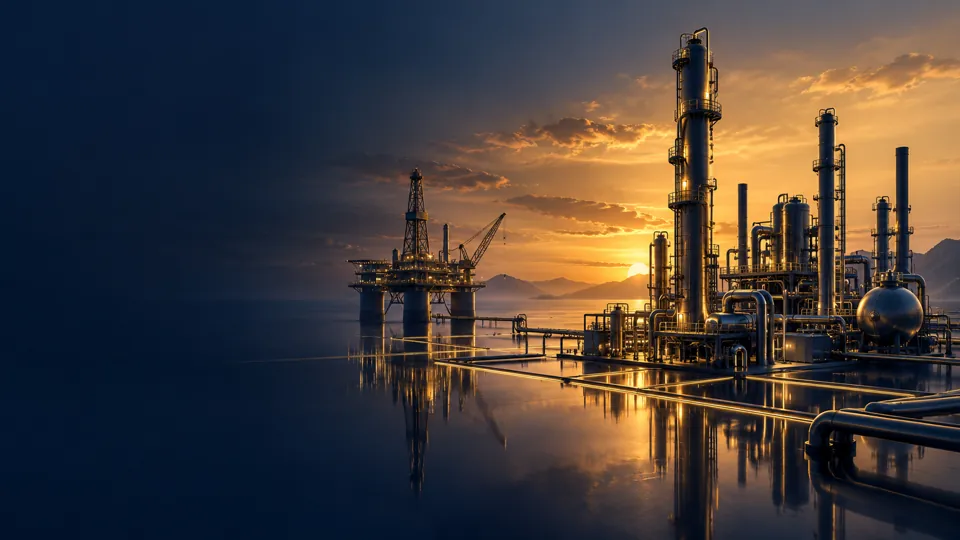 Ilustración conceptual de infraestructura petrolera en azul y dorado